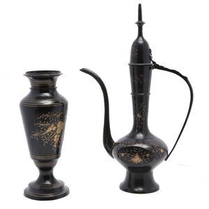 Vintage Brass Etched Aftaba Coffee Tea Pot and Vase Engraved Gold Black India
